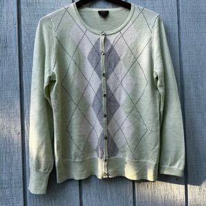 ❌SOLD❌Talbots‎ Womens Cardigan Sweater Argyle Pure Italian Merino Wool Glass